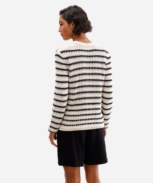 cardigan feminino de tricot com bolsos listrado bege
