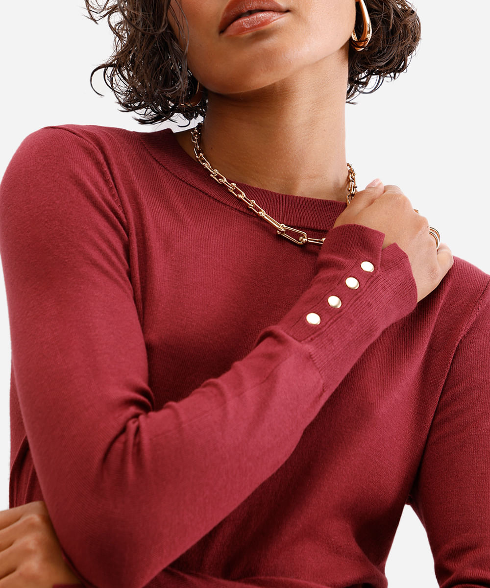 suéter feminino de tricot gola careca vinho