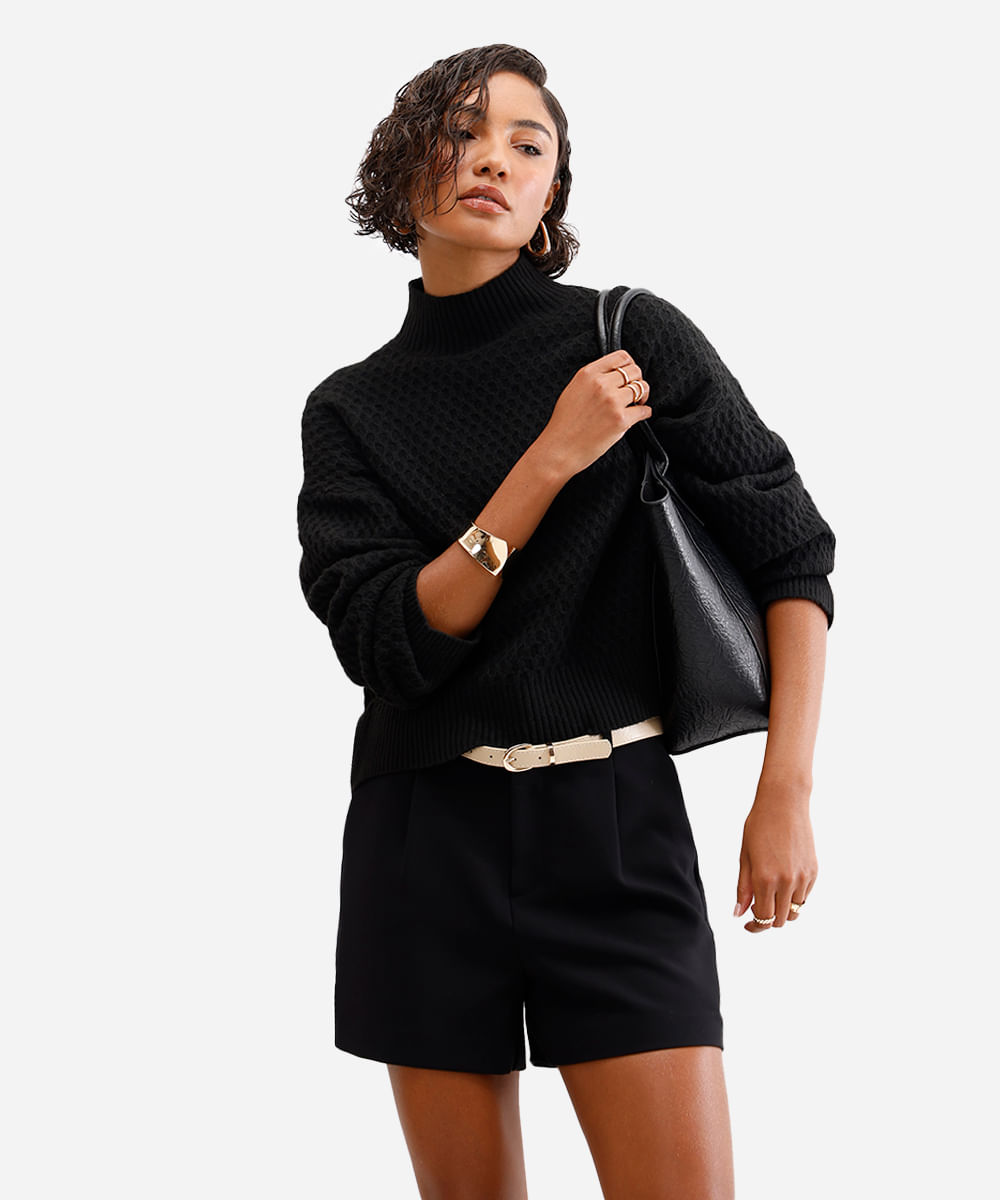 suéter feminino de tricot gola alta texturizado preto