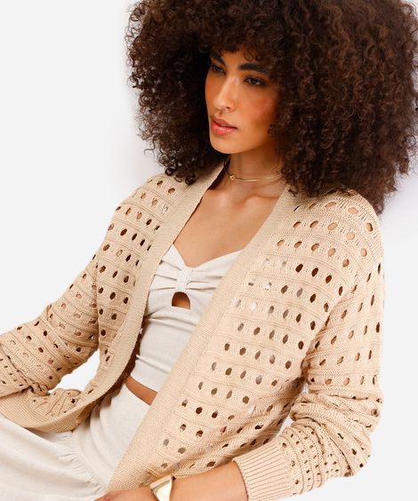 cardigan feminino alongado de tricot bege