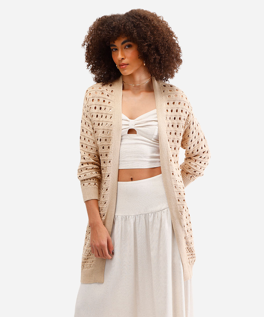 cardigan feminino alongado de tricot bege
