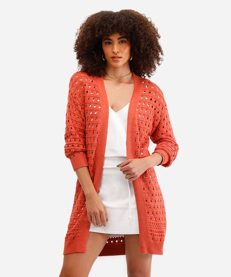 cardigan feminino alongado de tricot laranja