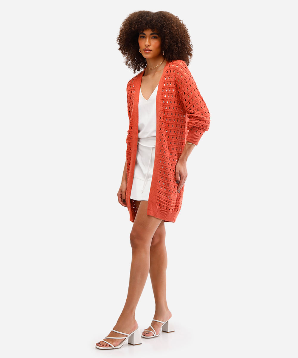 cardigan feminino alongado de tricot laranja