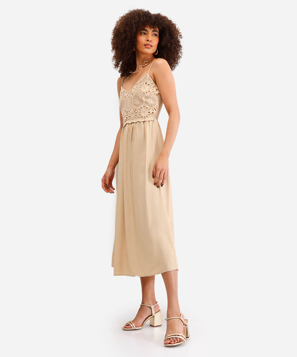 vestido midi feminino com renda bege