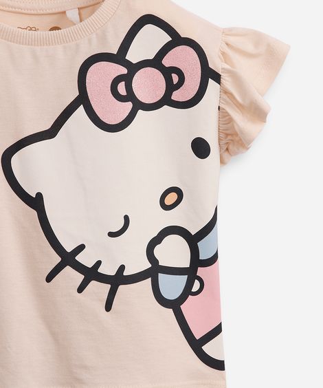 camiseta de algodão infantil hello kitty com lacinho para cabelo bege