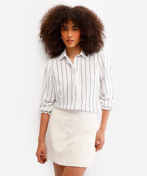 camisa feminina de viscose com franzido listrada preto