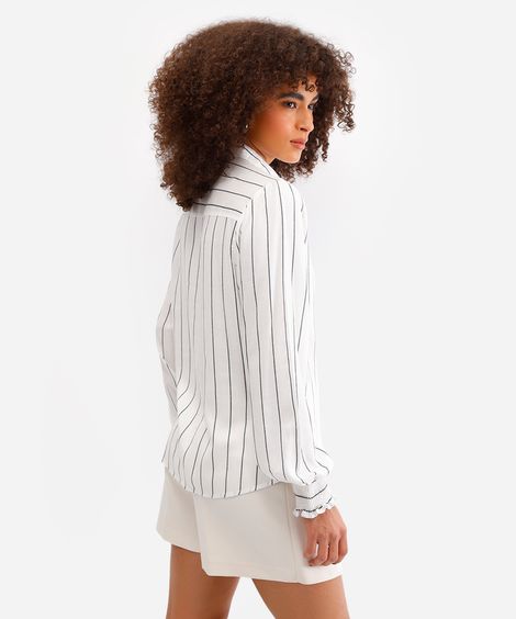 camisa feminina de viscose com franzido listrada preto