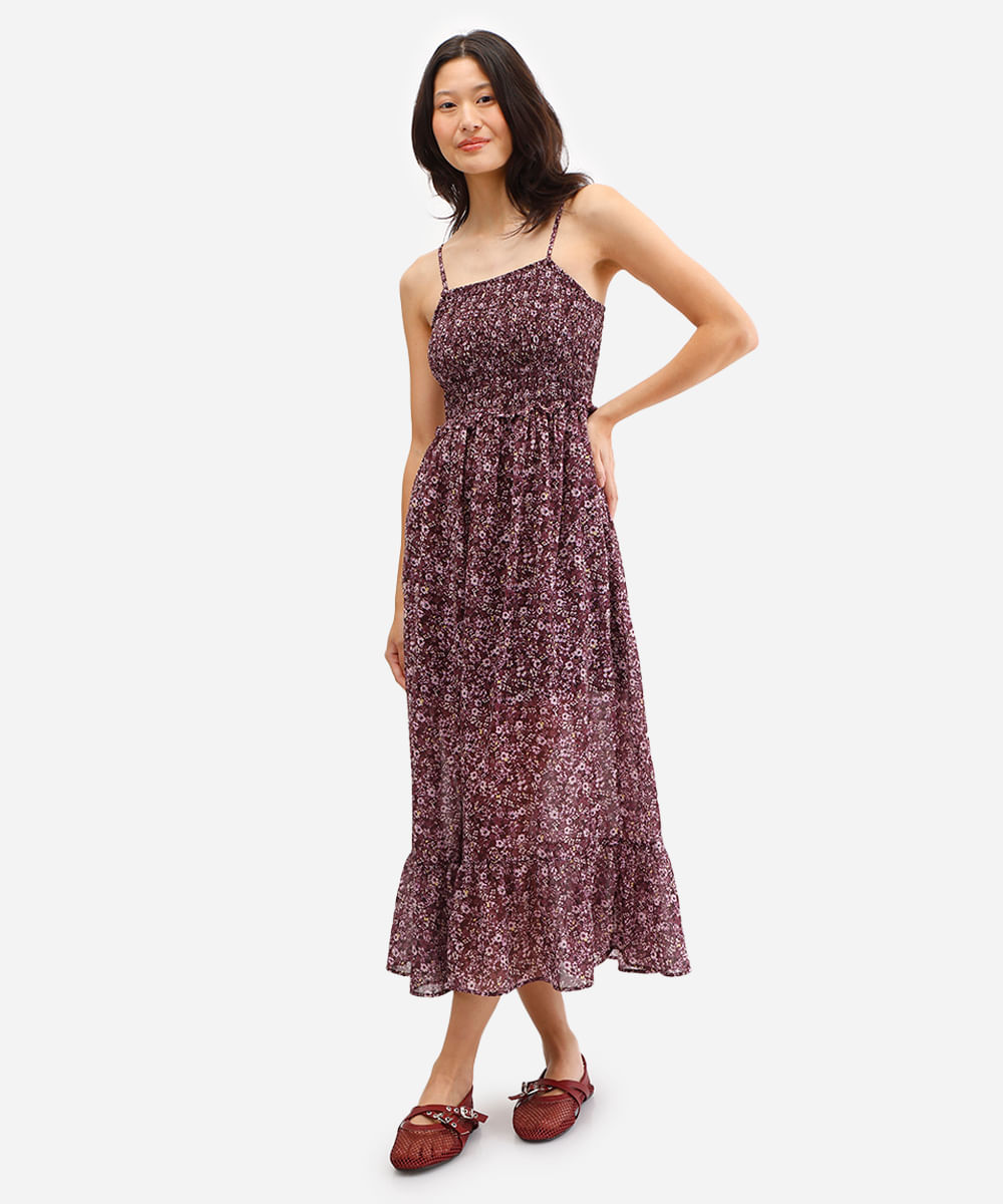 vestido midi feminino alça fina floral marrom