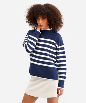 suéter de tricot manga longa listrado azul