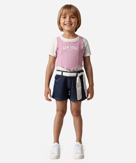 blusa de algodão infantil com sobreposição manga curta rosa