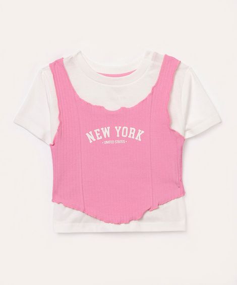 blusa de algodão infantil com sobreposição manga curta rosa