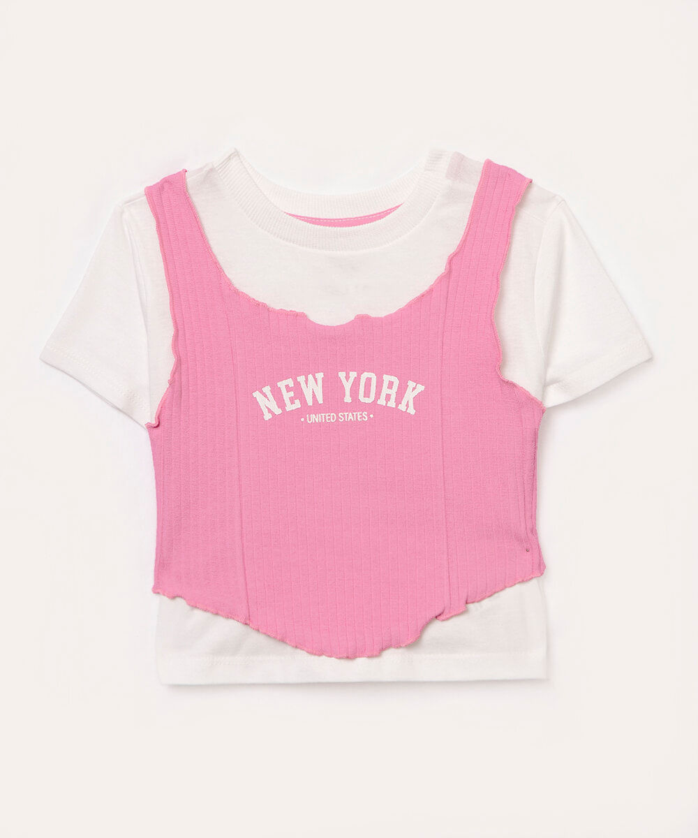 blusa de algodão infantil com sobreposição manga curta rosa