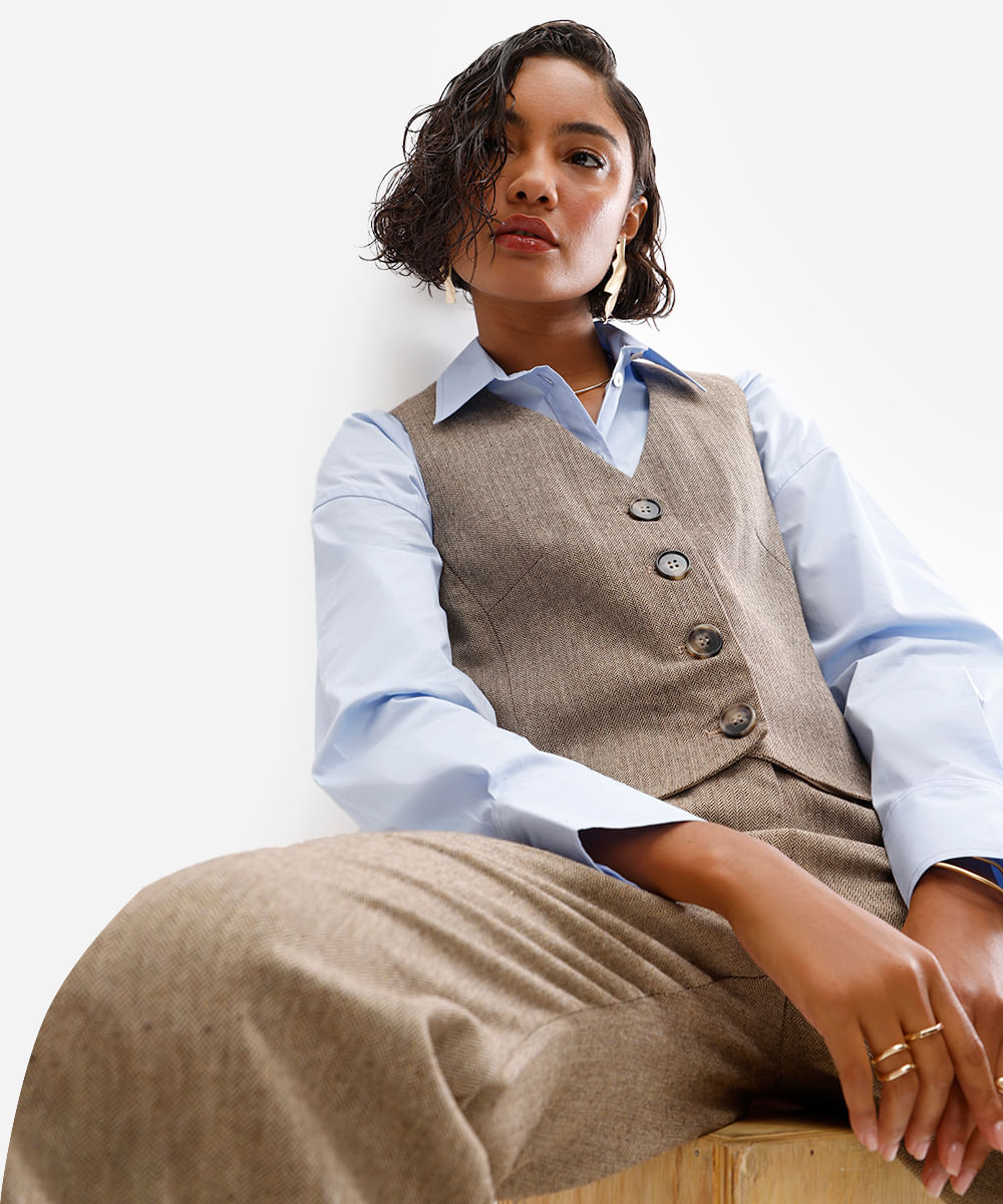 colete feminino de alfaiataria chevron marrom