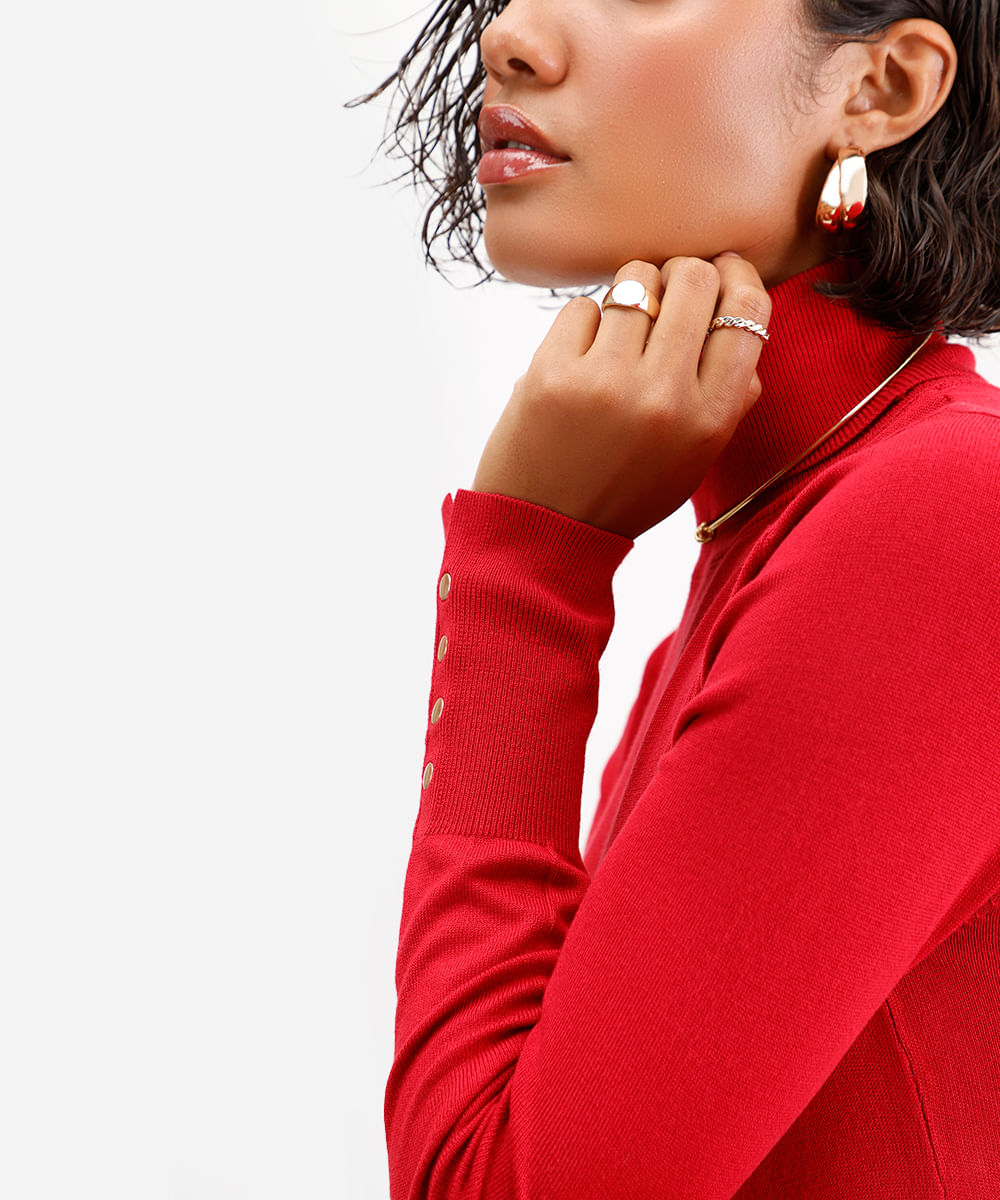 blusa gola alta manga longa botões - vermelho medio