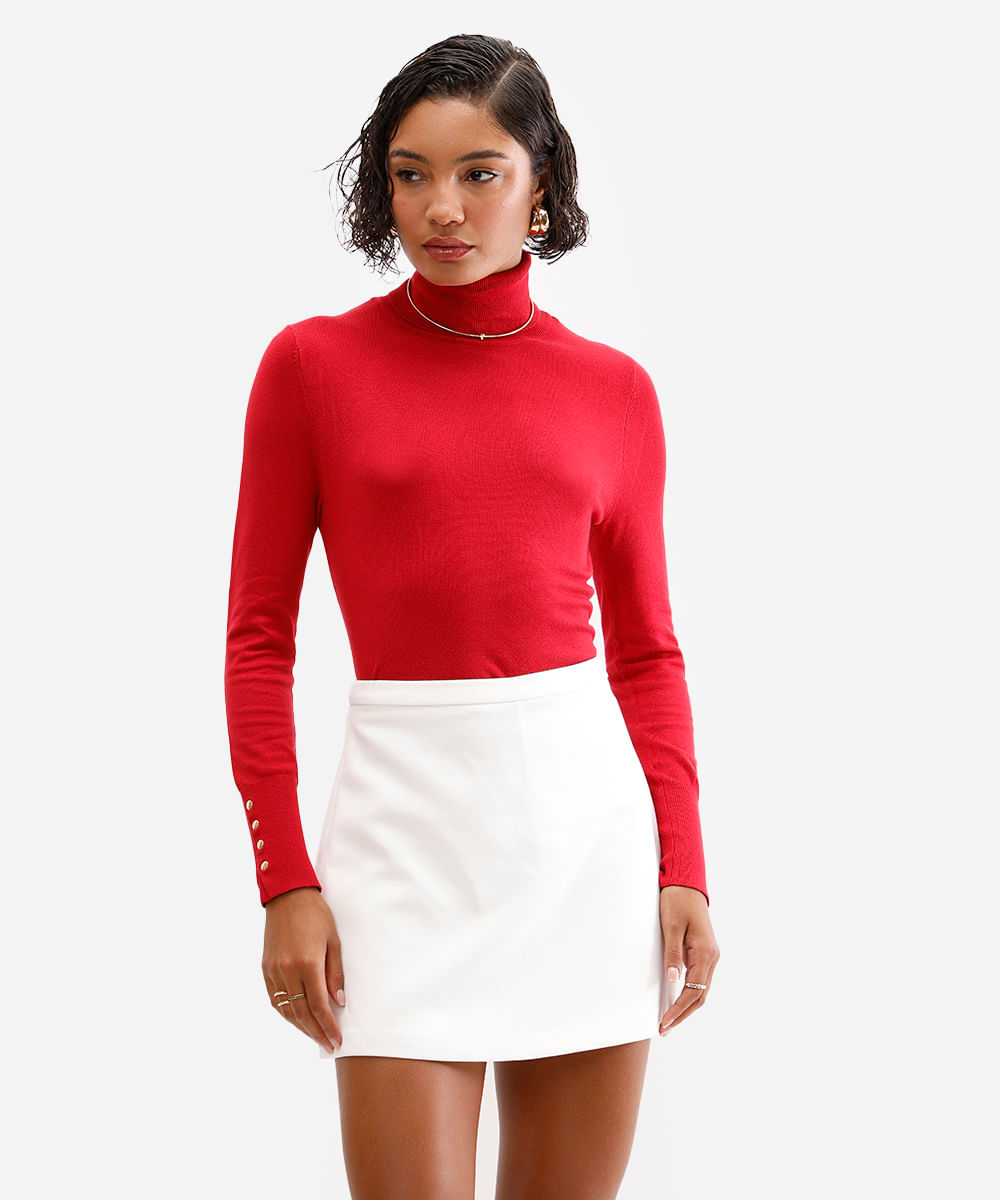 blusa gola alta manga longa botões - vermelho medio