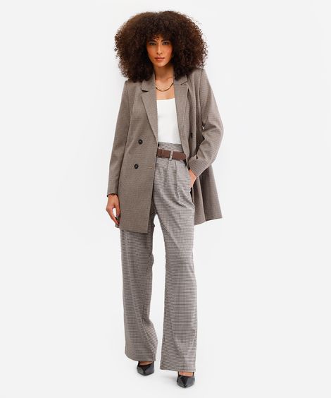 calça wide leg feminina xadrez com cinto marrom