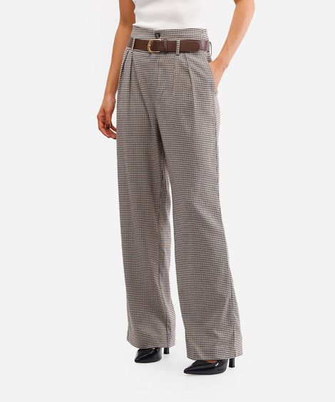 calça wide leg feminina xadrez com cinto marrom