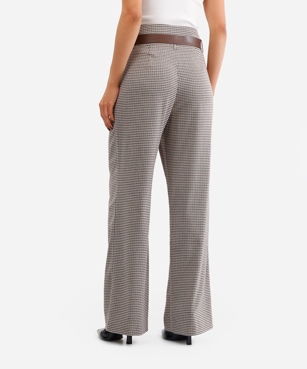 calça wide leg feminina xadrez com cinto marrom