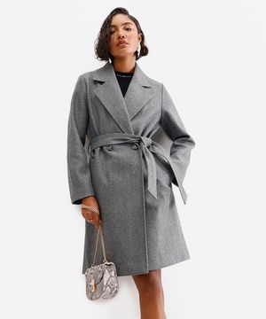 casaco trench coat feminino alongado cinza