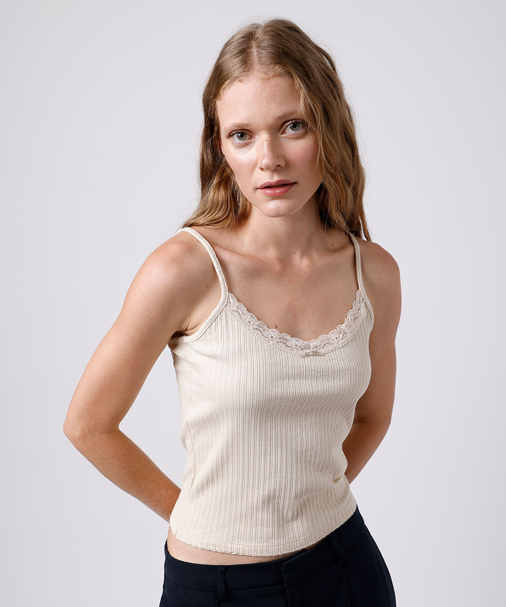 regata feminina de viscose com renda mindset bege