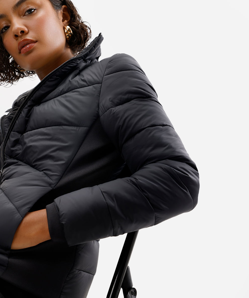 jaqueta puffer feminina manga longa preto