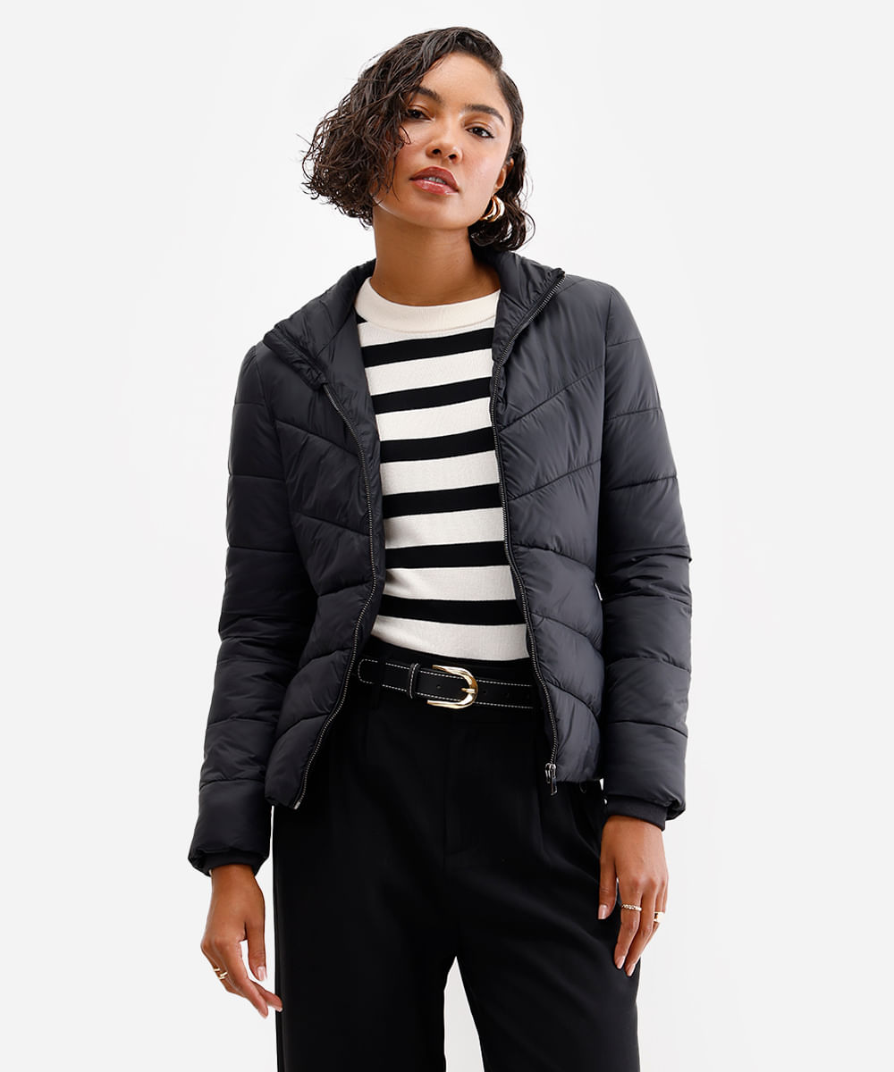 jaqueta puffer feminina manga longa preto