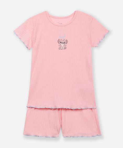 pijama curto infantil canelado angel rosa