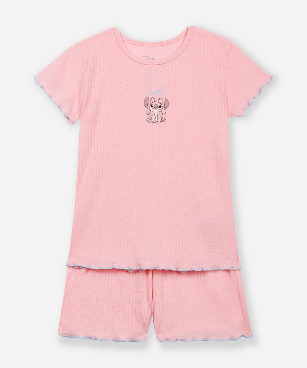 pijama curto infantil canelado angel rosa