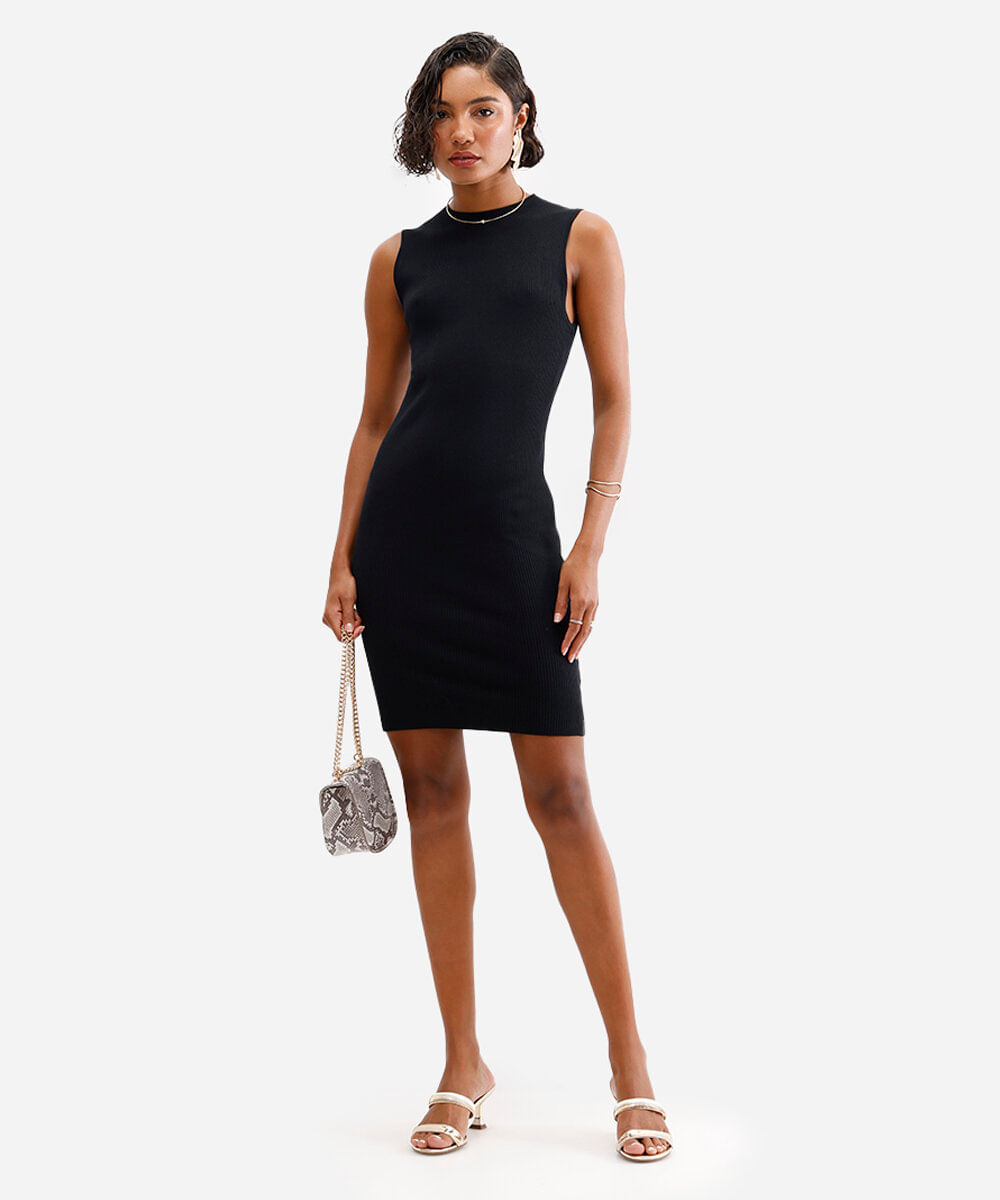 vestido curto de tricot canelado preto