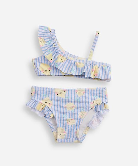 biquíni infantil com babado listrado off white