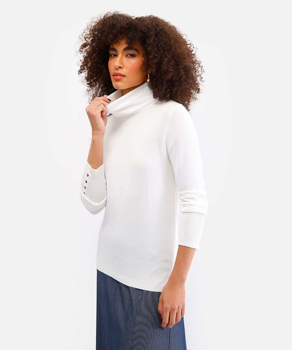 blusa gola alta manga longa botões off white