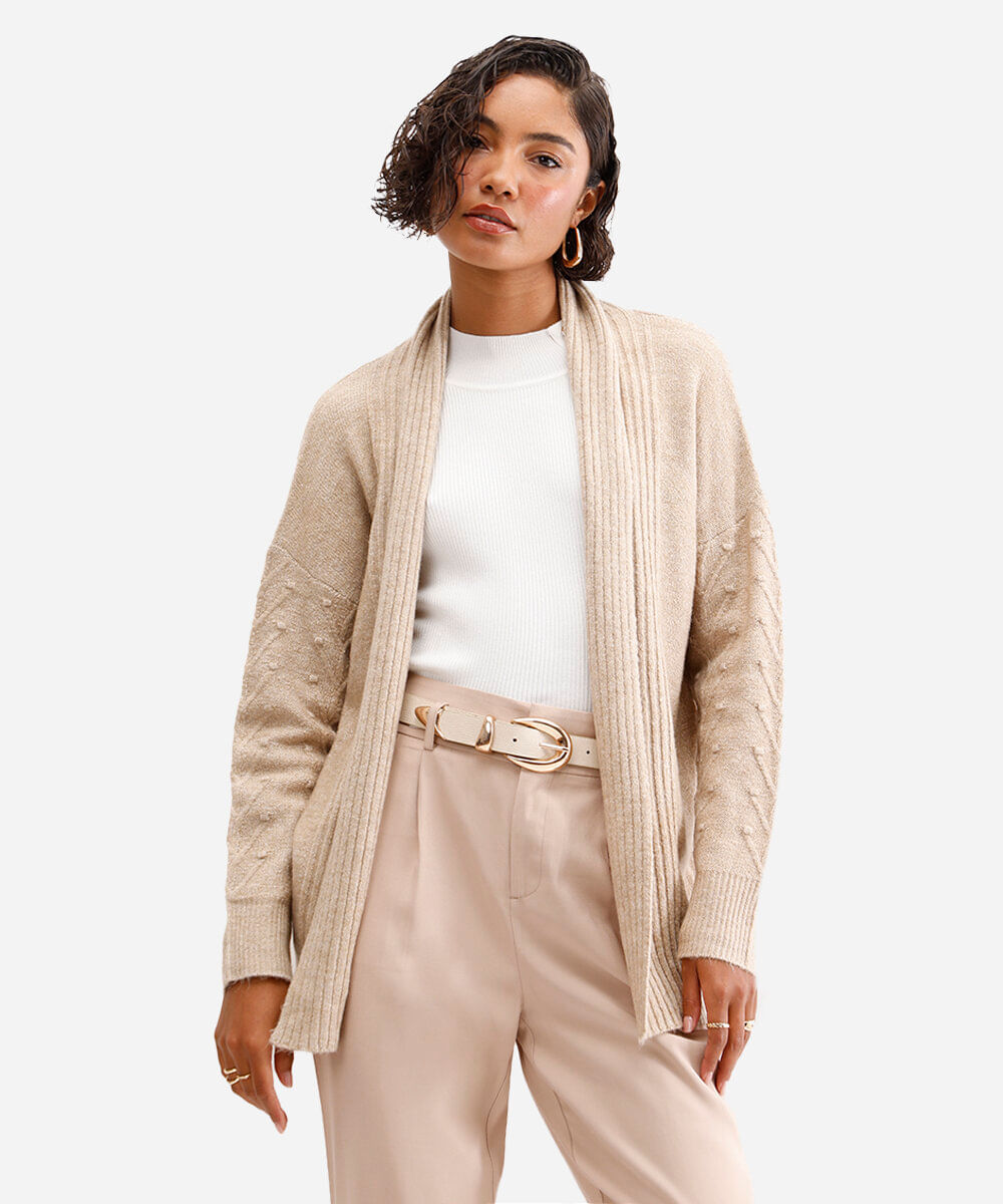 cardigan feminino de tricot texturizado bege