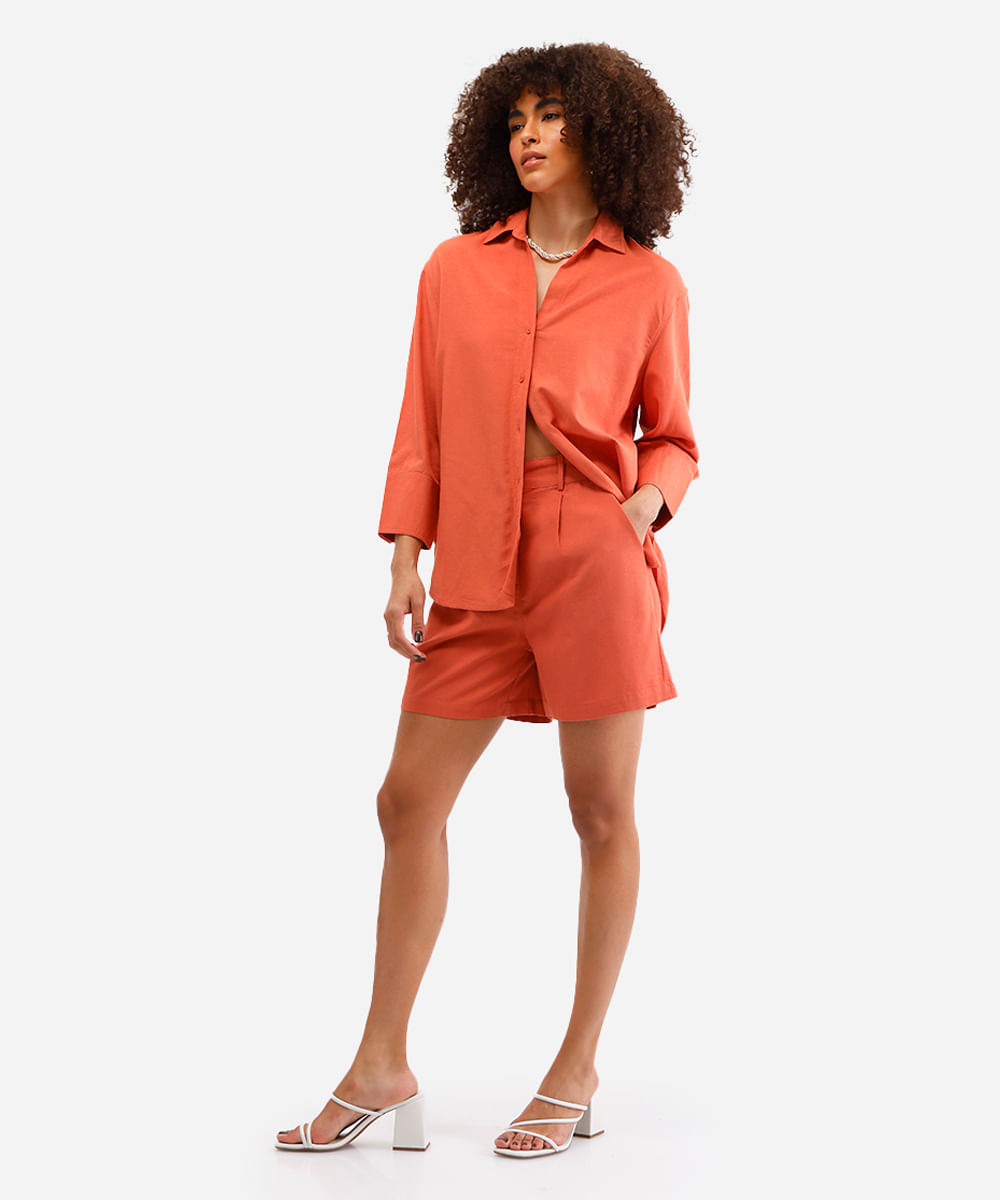 short feminino com linho cós elástico laranja