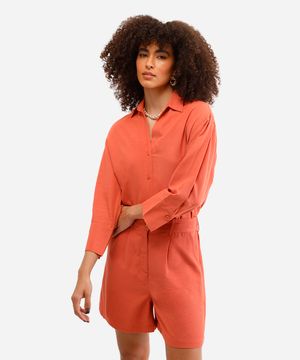 camisa de viscose com linho manga longa laranja