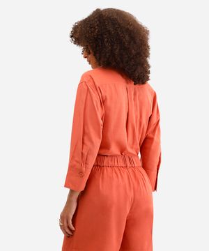 camisa de viscose com linho manga longa laranja