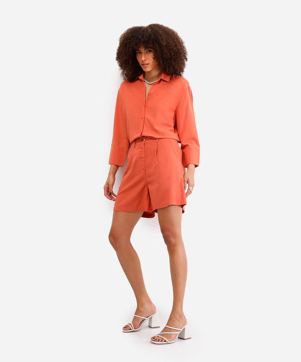 camisa de viscose com linho manga longa laranja