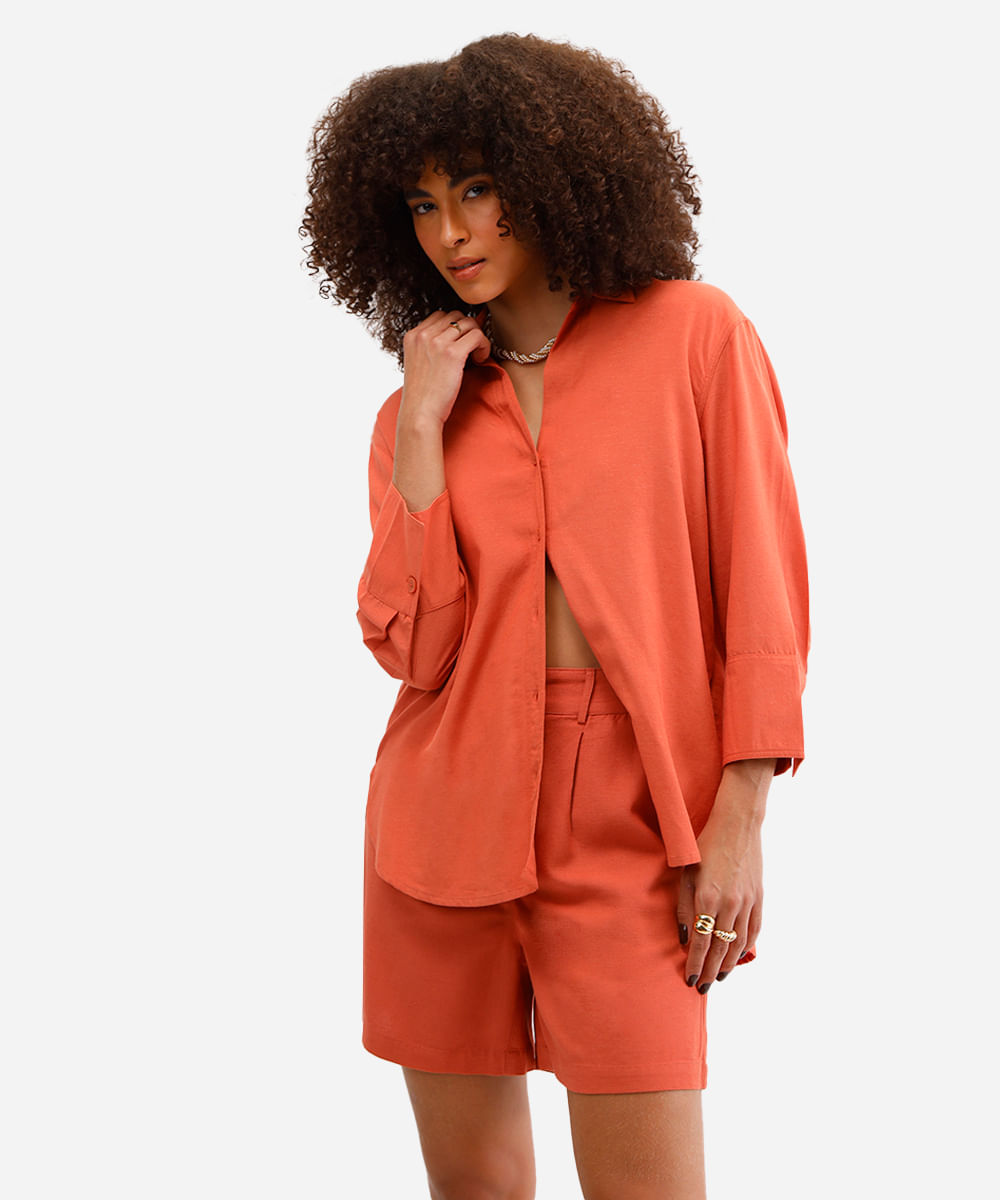 camisa de viscose com linho manga longa laranja