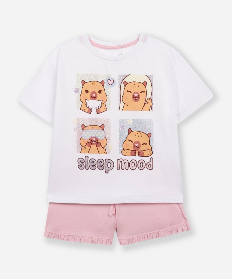 pijama curto infantil capivara com glitter off white