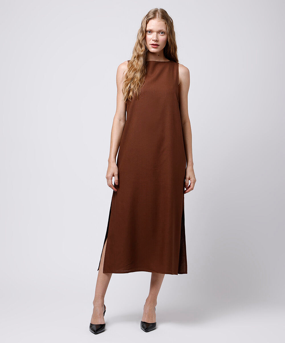 vestido midi com linho mindset marrom