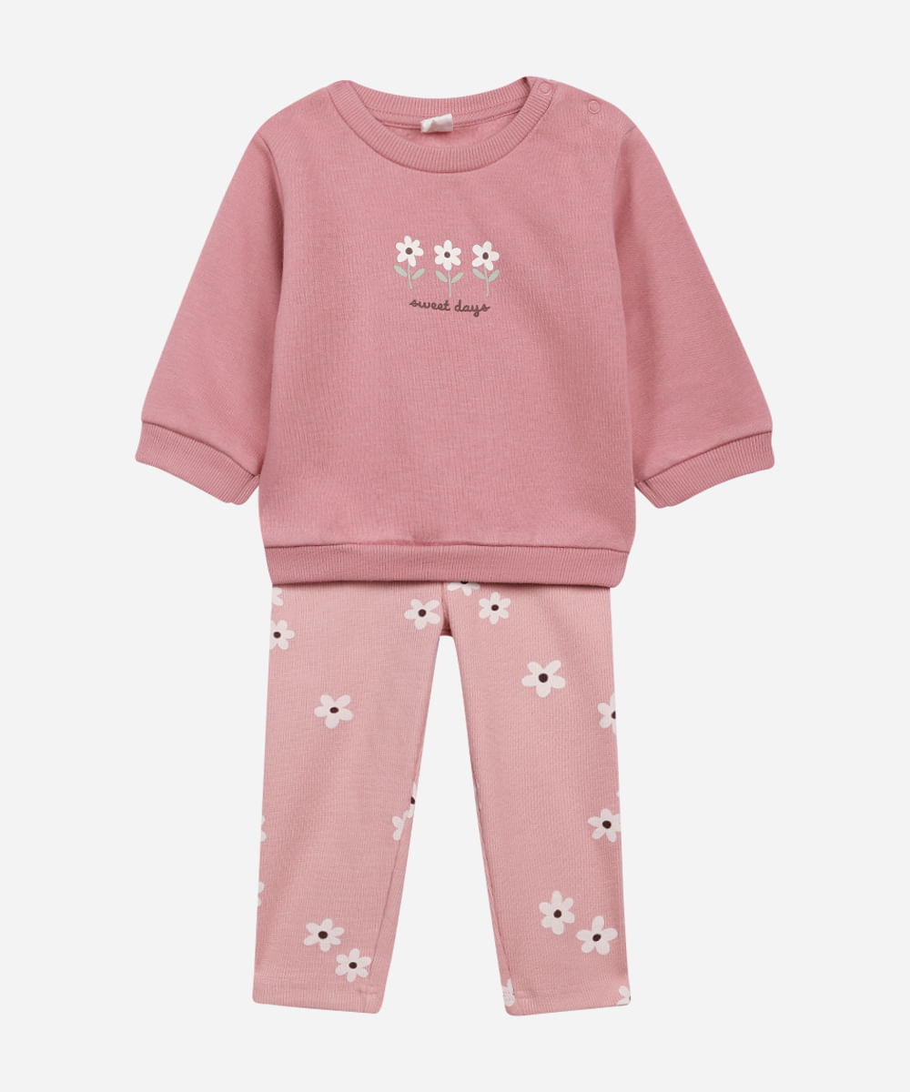 conjunto infantil longo de moletom floral rosa