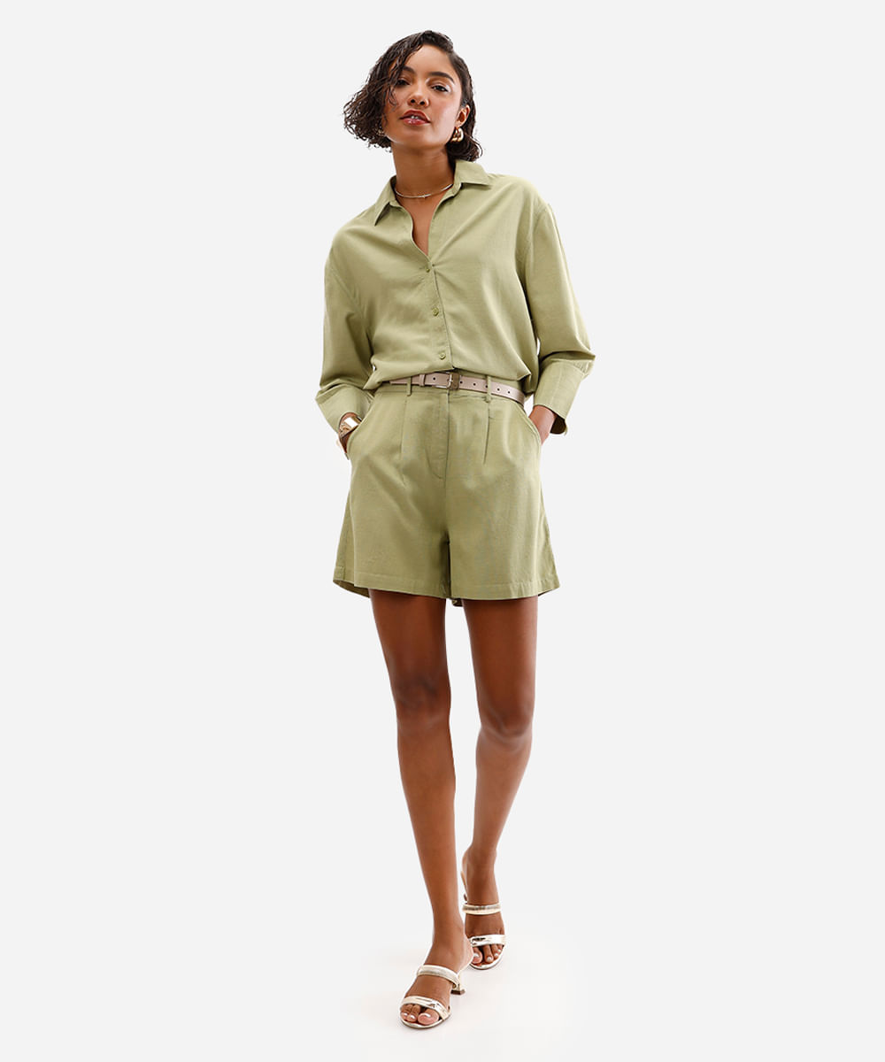 short feminino com linho cós elástico verde