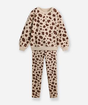 conjunto infantil longo de moletom animal print bege