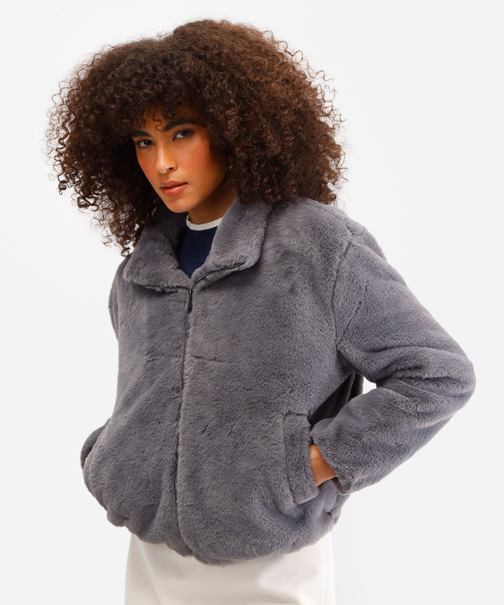 jaqueta bomber feminina de pelúcia cinza