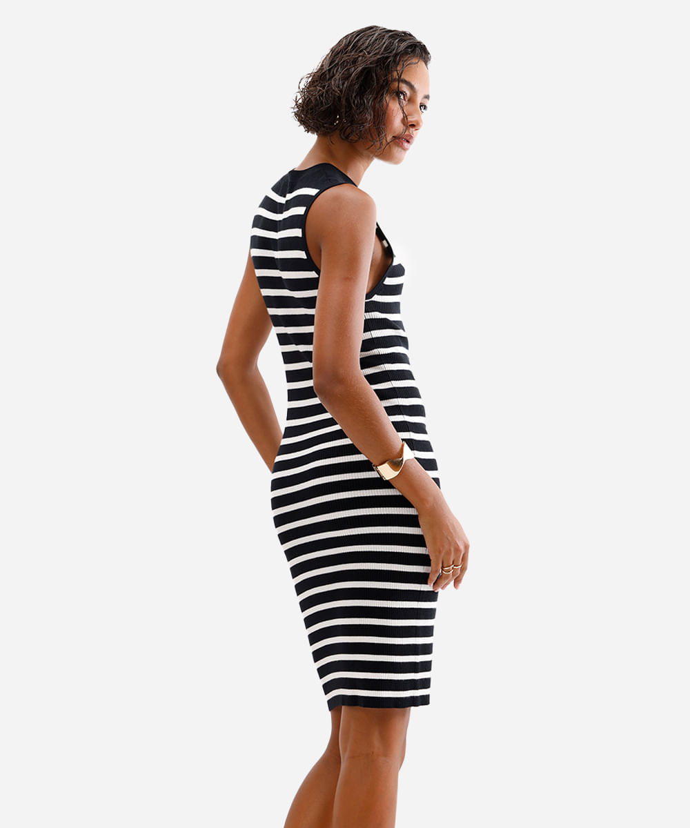 vestido curto feminino de tricot canelado listrado off white