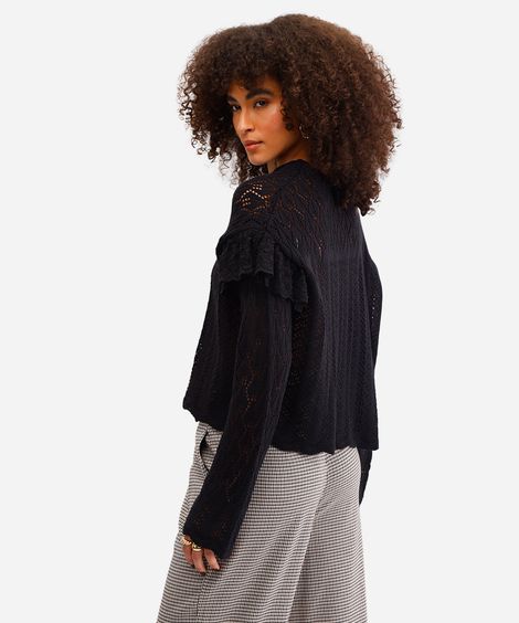 suéter feminino de tricot com babados preto