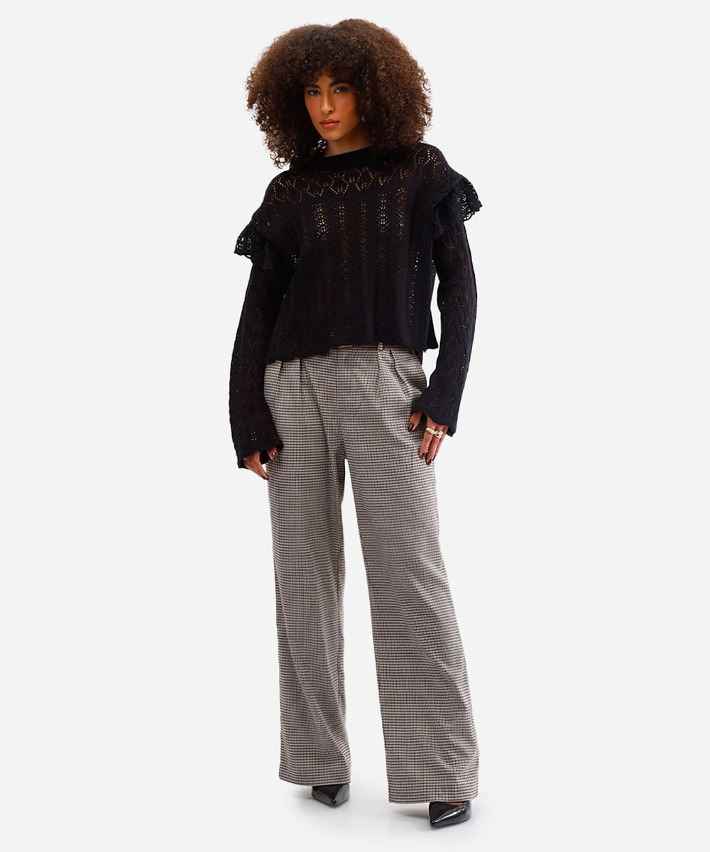 suéter feminino de tricot com babados preto