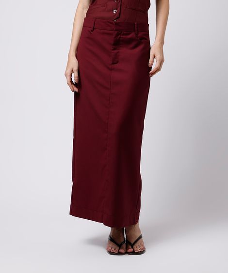 saia longa feminina de alfaiataria com fenda mindset vinho