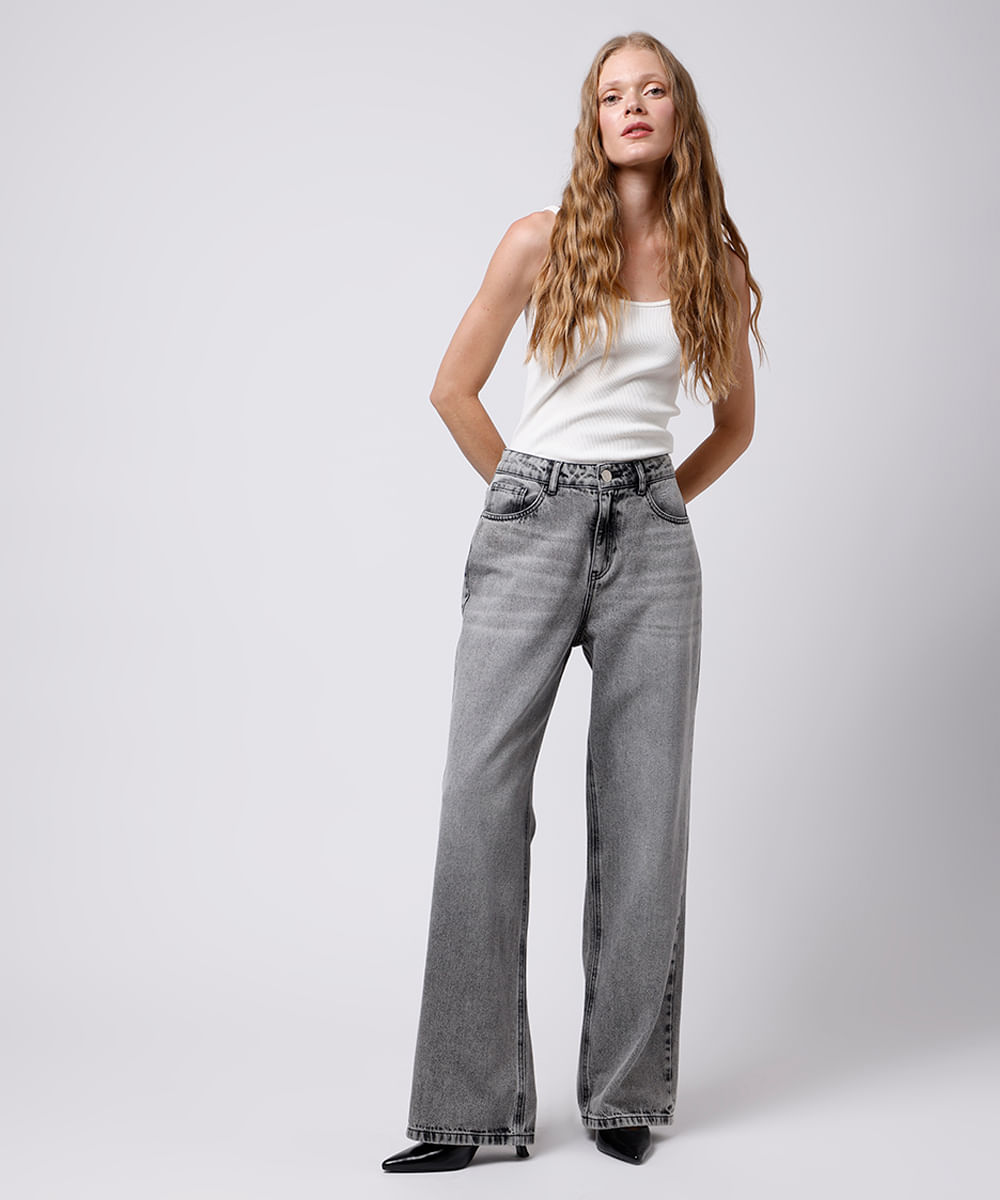 calça reta copenhagen feminina jeans mindset cinza
