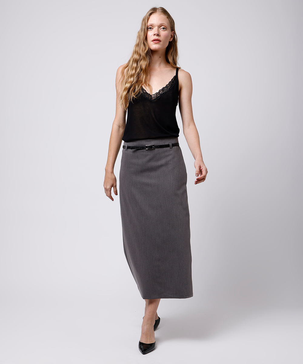 saia midi feminina de alfaiataria com cinto mindset cinza