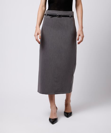 saia midi feminina de alfaiataria com cinto mindset cinza